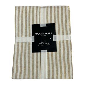 Tahari Tablecloth Ivory Metallic Gold Threading Striped‎ Oblong 60x84 Elegant